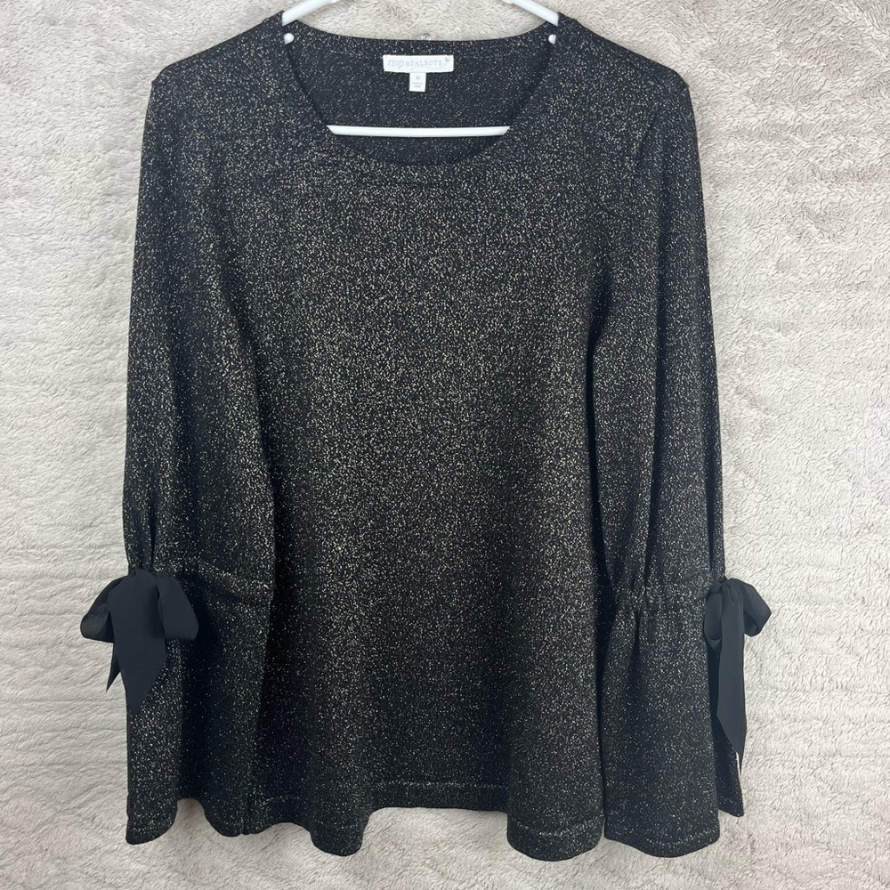 RSVP Black Sweater with Metallic Gold Sparkle, Bow Sleeves Medium